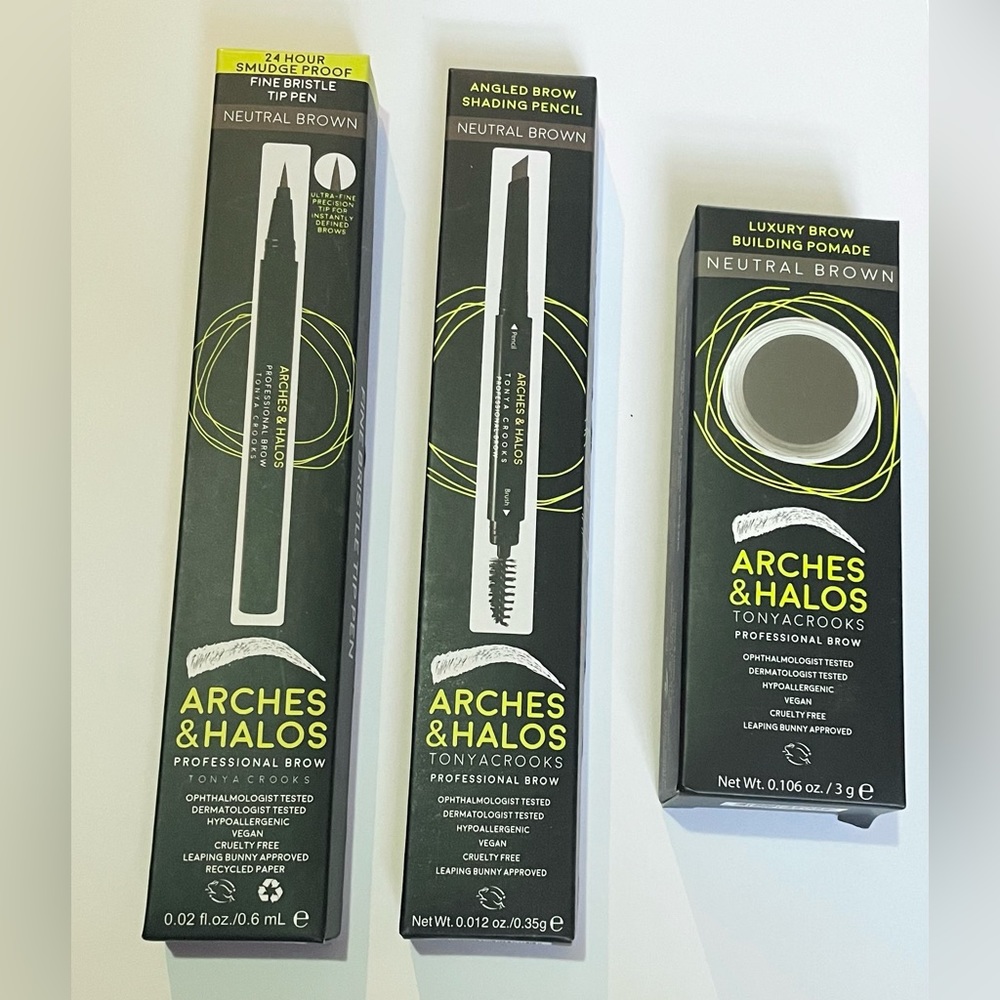 Arches & Halos set, Neutral Brown: building pomade, fine tip pen, angled pencil